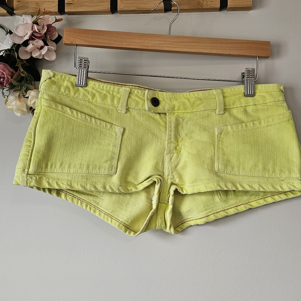Y2K Von Dutch Micro Mini Shorts Neon Green Yellow W Patches Size M Waist 32